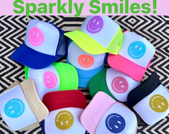Sparkly Smiley Face Trucker Hat, Summer Two-Tone Hat