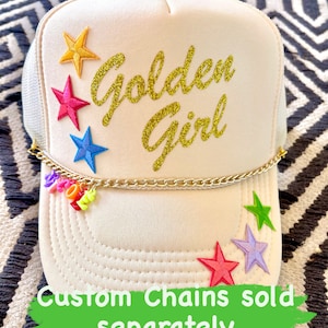 HappyStack Golden Girl Trucker Hat, Smiley face trucker hat, custom trucker hat, summer trucker hat, patch trucker hat, HappyStack shop