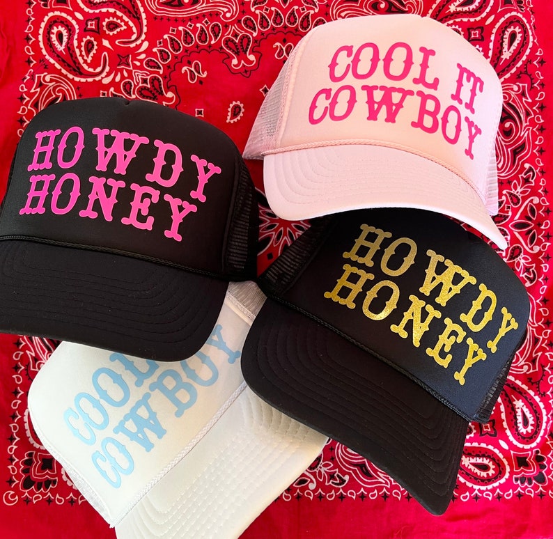 Cowboy Smiley Trucker Hat, Cool it cowboy trucker hat, Trucker Hat, Smiley Face Trucker Hat, Rodeo Hat, Howdy Honey hat, Cowboy hat image 1
