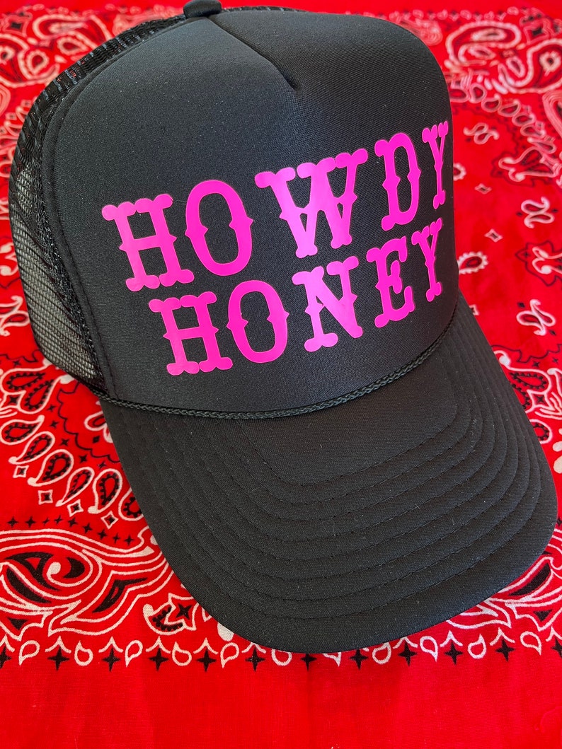 Cowboy Smiley Trucker Hat, Cool it cowboy trucker hat, Trucker Hat, Smiley Face Trucker Hat, Rodeo Hat, Howdy Honey hat, Cowboy hat Black/PinkHowdyHoney