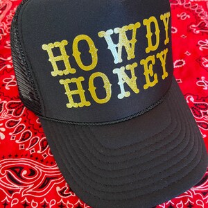 Cowboy Smiley Trucker Hat, Cool it cowboy trucker hat, Trucker Hat, Smiley Face Trucker Hat, Rodeo Hat, Howdy Honey hat, Cowboy hat Black/GoldHowdyHoney