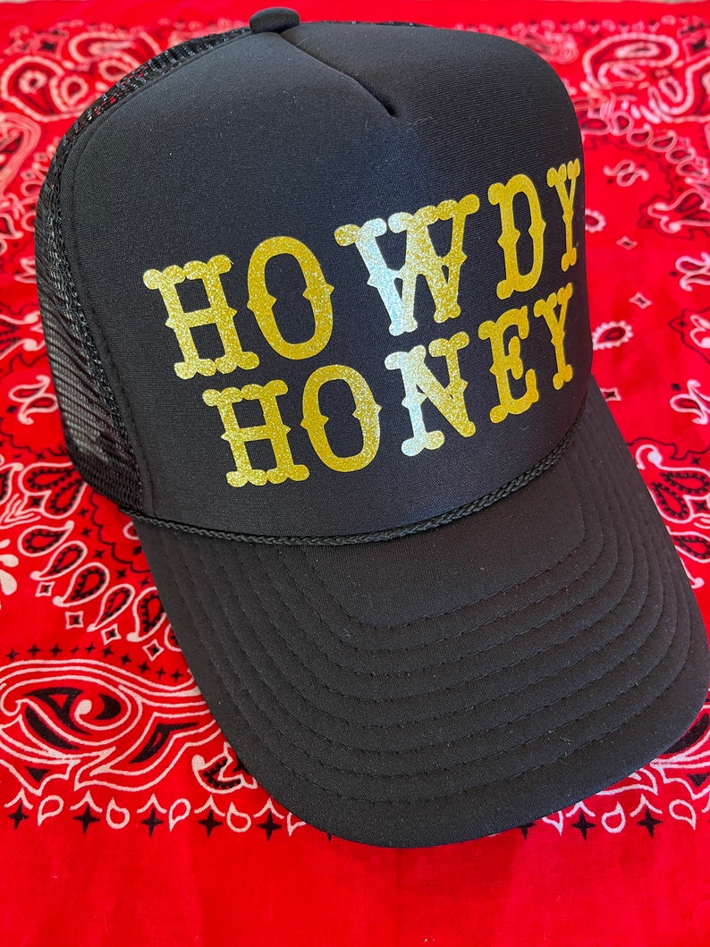 Cowboy Smiley Trucker Hat, Cool it cowboy trucker hat, Trucker Hat, Smiley Face Trucker Hat, Rodeo Hat, Howdy Honey hat, Cowboy hat Black/GoldHowdyHoney