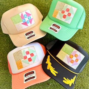 HappyStack trucker hat, quilt flag hat, custom trucker hat, heirloom trucker hat, summer trucker hat
