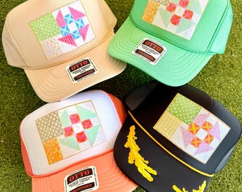 HappyStack trucker hat, quilt flag hat, custom trucker hat, heirloom trucker hat, summer trucker hat