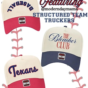 May include: Three white baseball caps with different colored brims and embroidered text. The caps feature the text "Baseball", "The Bleacher Club", and "Texans".