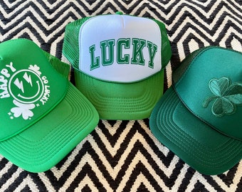 HappyGoLucky Trucker, St. Patrick’s Day hat, Lucky hat, Trucker hat, Trendy a trucker Hat, Happy Stacks hat, smiley face trucker hat, Green