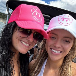 Cowboy Smiley Trucker Hat, Cool it cowboy trucker hat, Trucker Hat, Smiley Face Trucker Hat, Rodeo Hat, Howdy Honey hat, Cowboy hat White/Pink Cowboy :)