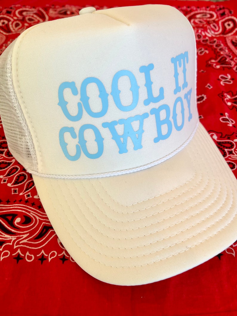 Cowboy Smiley Trucker Hat, Cool it cowboy trucker hat, Trucker Hat, Smiley Face Trucker Hat, Rodeo Hat, Howdy Honey hat, Cowboy hat White/BlueCoolCowboy
