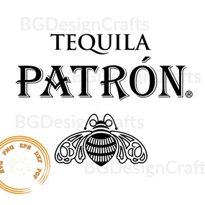 May include: Black and white logo for Patron Tequila featuring the brand name "PATRÓN" in a stylised font with a bee illustration below. The logo is surrounded by the text "BGDesignCrafts" in black and a gold circle with the text "PNG EPS DXF SVG" in white.