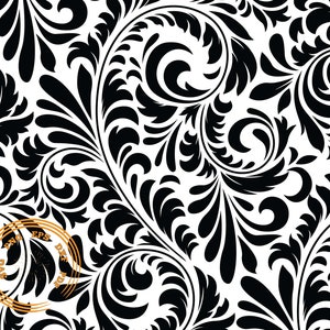 May include: A seamless pattern with a black and white floral design. The pattern features intricate swirls and leaves.