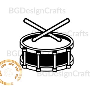 May include: Black and white line art illustration of a snare drum with two drumsticks crossed over the top.