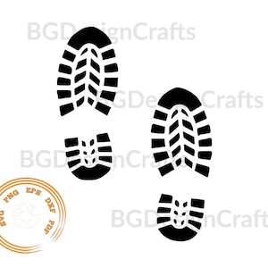 May include: Two black boot prints on a white background. The prints are detailed with a tread pattern.
