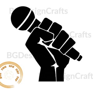 May include: A black silhouette of a fist holding a microphone. The microphone has a black body and a silver grill.