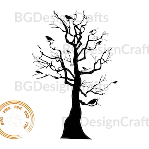 May include: Black silhouette of a bare tree with crows perched on the branches. The tree is isolated on a white background.