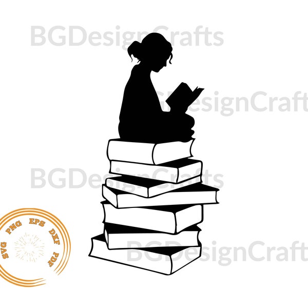 Mujer leyendo un libro Svg, Libro Svg, libro de lectura svg, niña con libros, Libro Arte svg, archivo de corte, imágenes prediseñadas