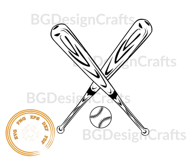 May include: Black and white illustration of two crossed baseball bats with a baseball in the center.