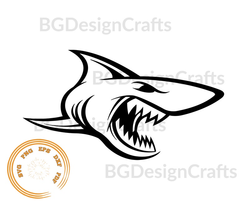 May include: Black and white vector illustration of a shark with an open mouth and sharp teeth. The shark is facing right and has a fin on its back.