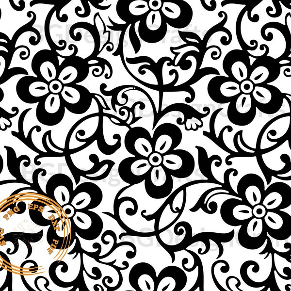 Flower Pattern #1, Flower Pattern SVG, Floral SVG, Seamless Pattern Png, Leaves Pattern SVG, Damask Dxf, Seamless Clipart