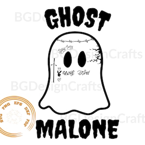 May include: Black and white graphic design of a ghost with the text "GHOST MALONE" and various tattoos on the ghost's face, including "Stay Away", "Always Tired", and a barbed wire design.