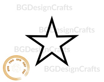 May include: Black and white outline of a five-pointed star.