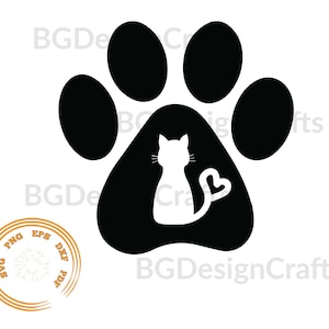 May include: Black paw print with a white silhouette of a cat sitting inside. The cat has a heart-shaped tail.