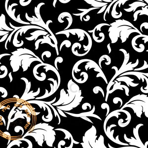 Könnte beinhalten: Ein nahtloses Schwarz-Weiß-Muster mit komplizierten floralen Designs. Das Muster besteht aus wirbelnden Ranken und Blättern und erzeugt einen zarten und eleganten Look.