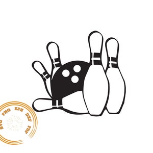 May include: Black and white illustration of bowling pins and a bowling ball. The bowling ball is in the center of the image and the pins are arranged around it.