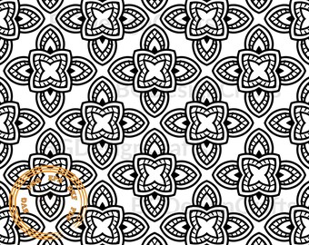 May include: Black and white seamless pattern featuring a repeating geometric design of four-pointed stars with intricate details.