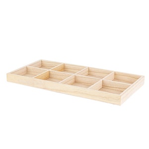 May include: A wooden tray with eight compartments. The tray is made of light wood and has a natural finish.