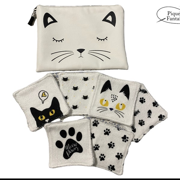 Pochette - Mini-gants - Lingettes lavables - Cotons démaquillants CHATS