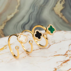 18K Gold Clover Spinner Ring, Adjustable Lucky Ring, Malachite Pearl Onyx, Anxiety Fidget Ring, Statement Open Band, Gift for Her