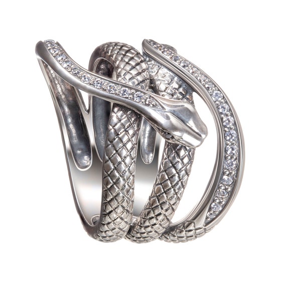 Snake Ring with Clear and Black Cubic Zirconia Sterling Silver, Size 8 Snake Ring with Clear and Black Cubic Zirconia Sterling Silver, Size 8