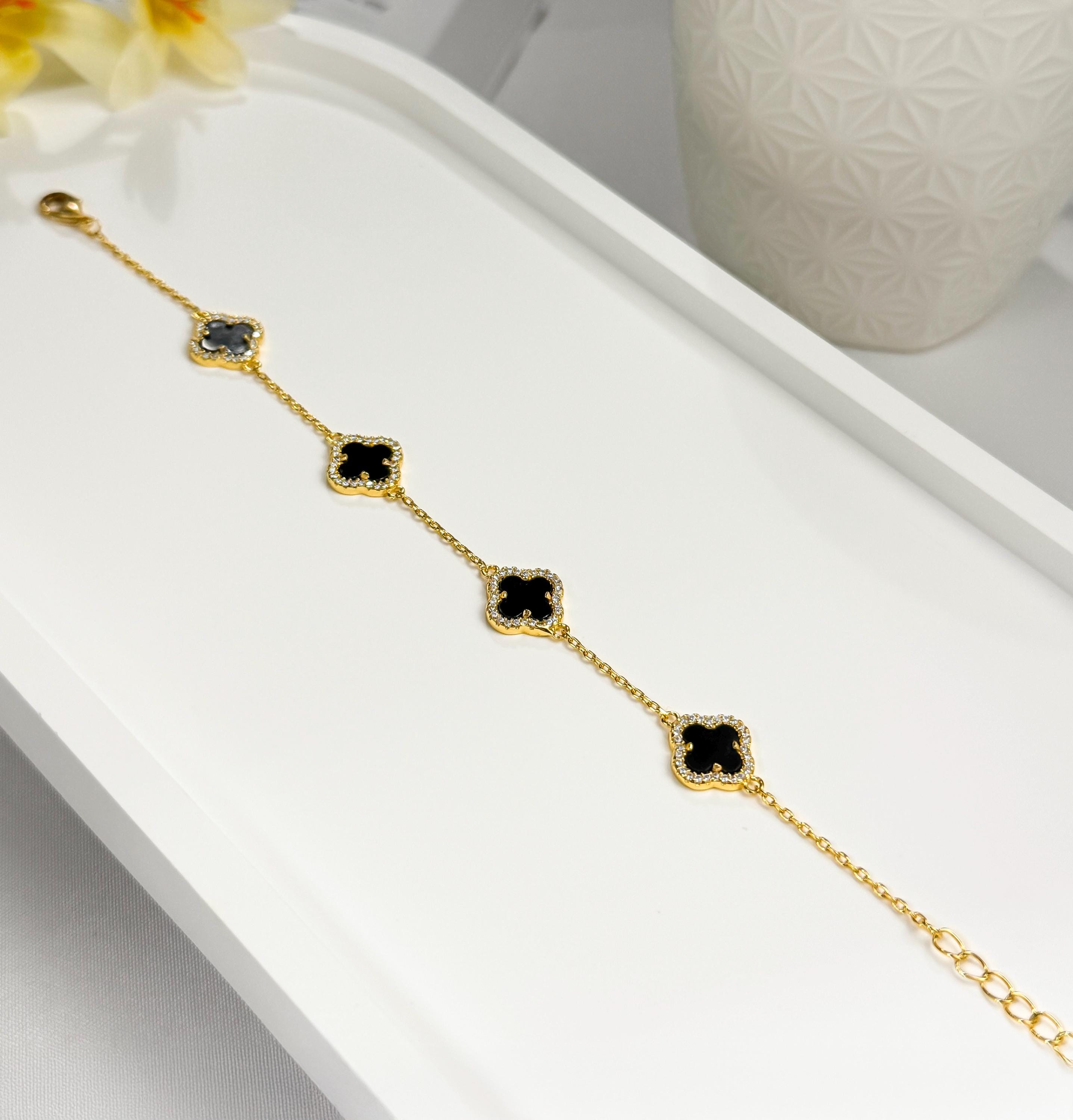 Gold Clover Bracelet With Zircon, Mother of Pearl or Black