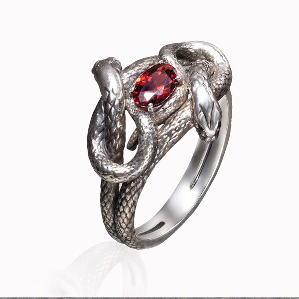 Silver Ring With Two Snakes, Viper Ring, Unique Red Zirconia Snake Ring, Cobra Ring, Handemade Snake Jewelery, 925 Silver Spiral Anakonda