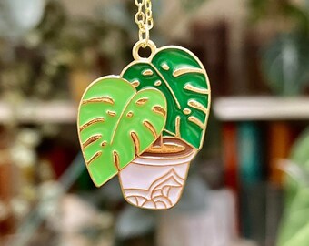 Monstera Enamel Necklace 20 inch gold chain