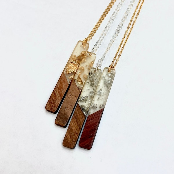 Natural Wood and Resin Necklace Gold and Silver Flakes