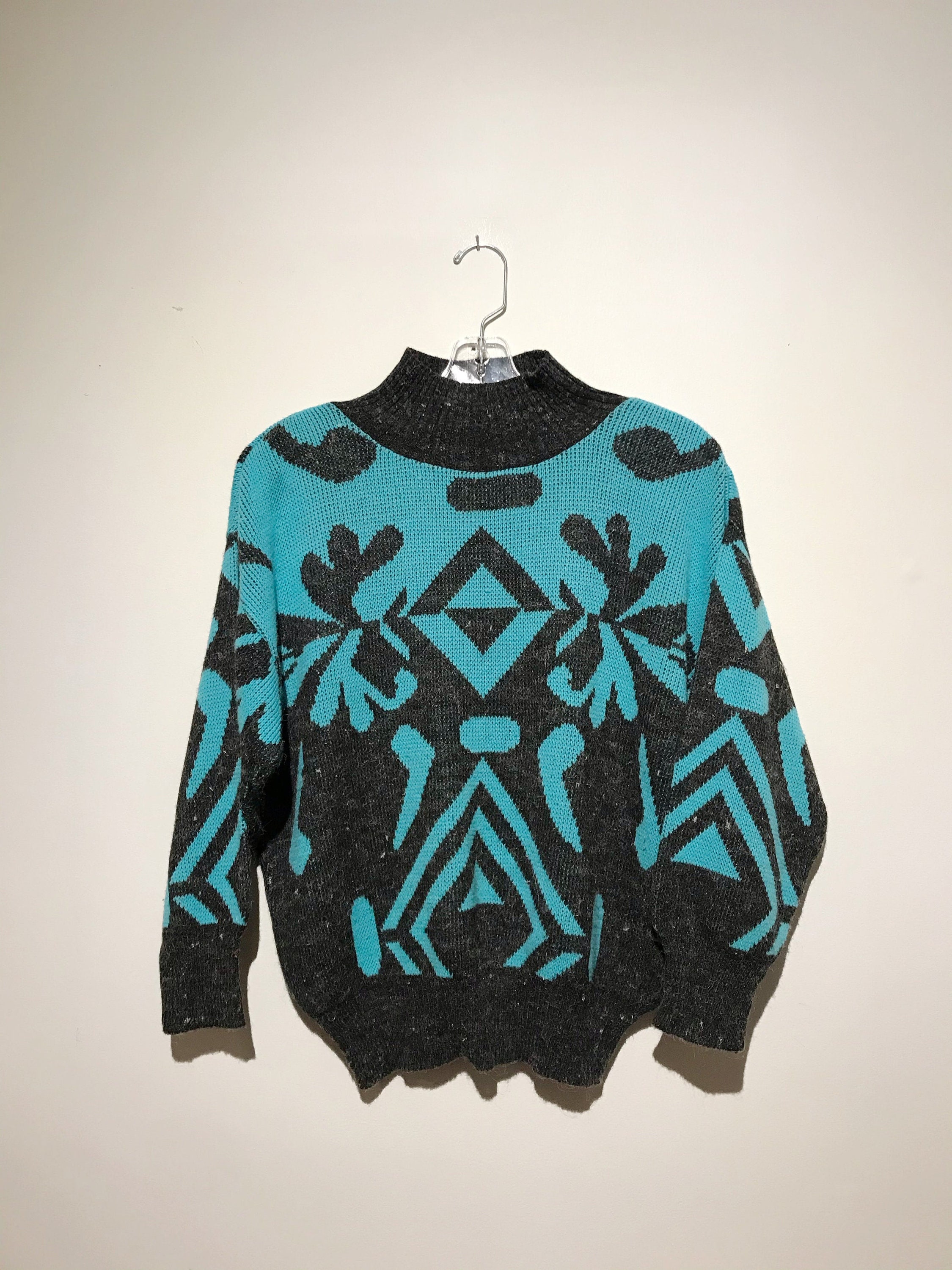Turquoise & Grey Knit Sweater - Etsy Denmark