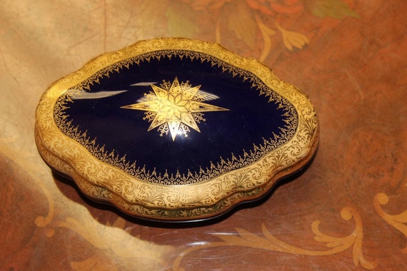 Cobalt porcelain box with gold Paul Pericaud Limo… - image 1