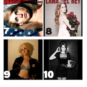May include: A collage of four images featuring Lana Del Rey. One image shows her lying on an American flag. Another shows her holding roses with the text "Lana Del Rey". The other two images are black and white.