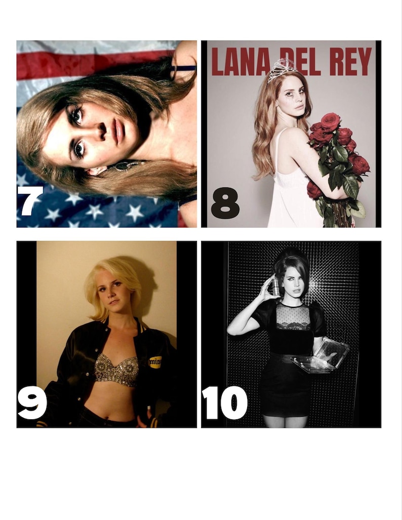 May include: A collage of four images featuring Lana Del Rey. One image shows her lying on an American flag. Another shows her holding roses with the text "Lana Del Rey". The other two images are black and white.