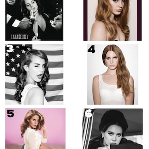 May include: A collection of six photographs featuring Lana Del Rey. The images showcase her in various poses, with different hairstyles and outfits. Some photos are in color, while others are in black and white. The images are numbered from 1 to 6.