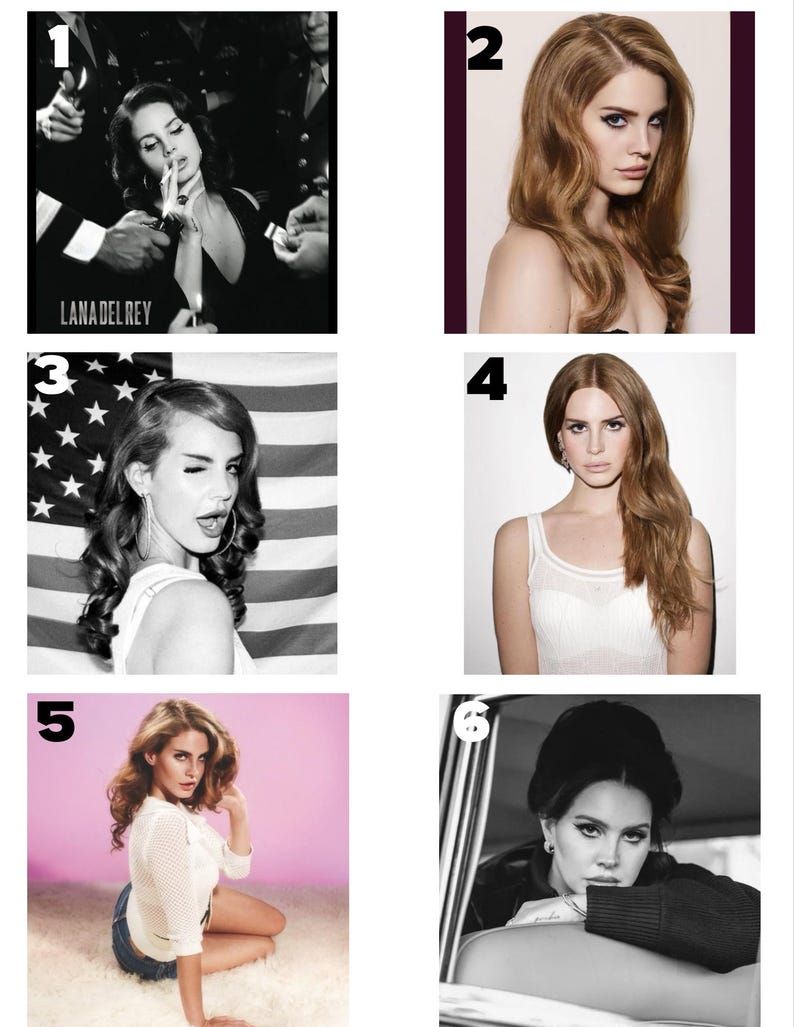 May include: A collection of six photographs featuring Lana Del Rey. The images showcase her in various poses, with different hairstyles and outfits. Some photos are in color, while others are in black and white. The images are numbered from 1 to 6.