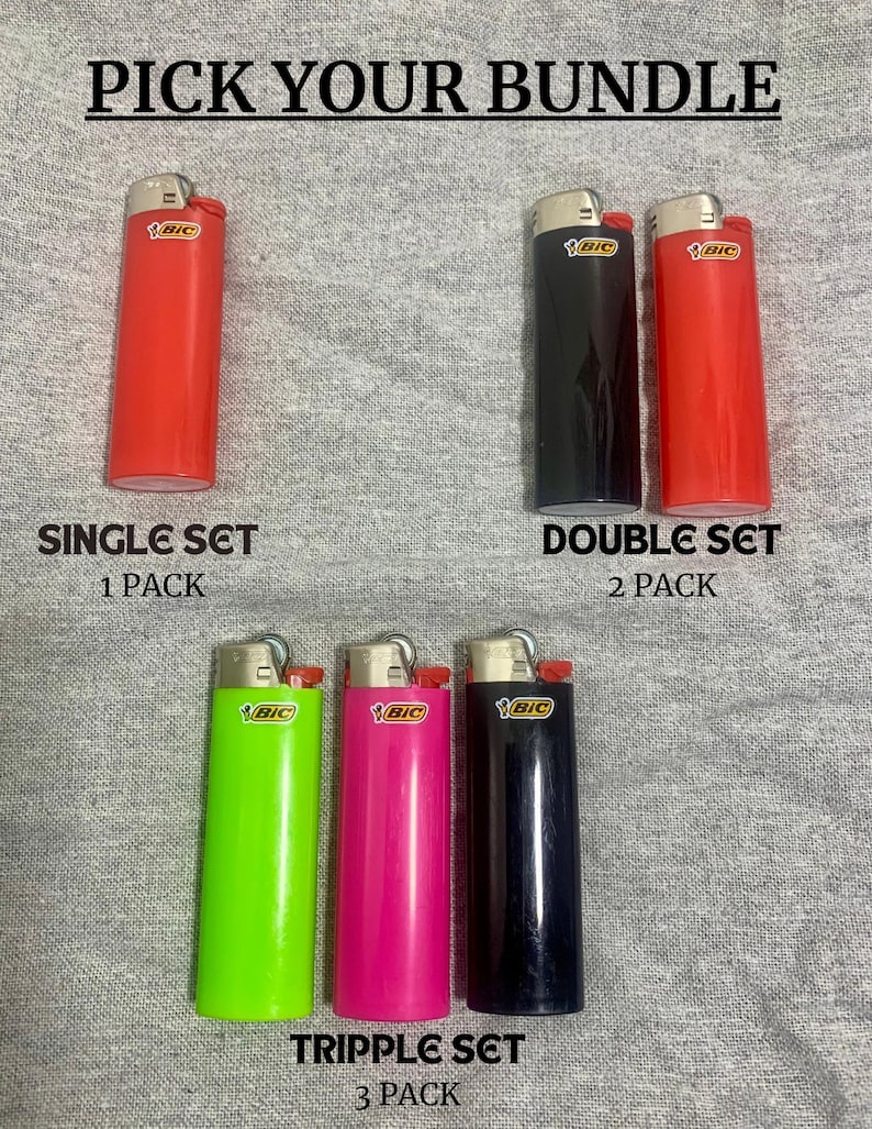 May include: Image of BIC lighters in various colors, including red, black, green, and pink. The image displays a single lighter, a double set, and a triple set, with text indicating the number of lighters in each bundle. The lighters are on a gray background.