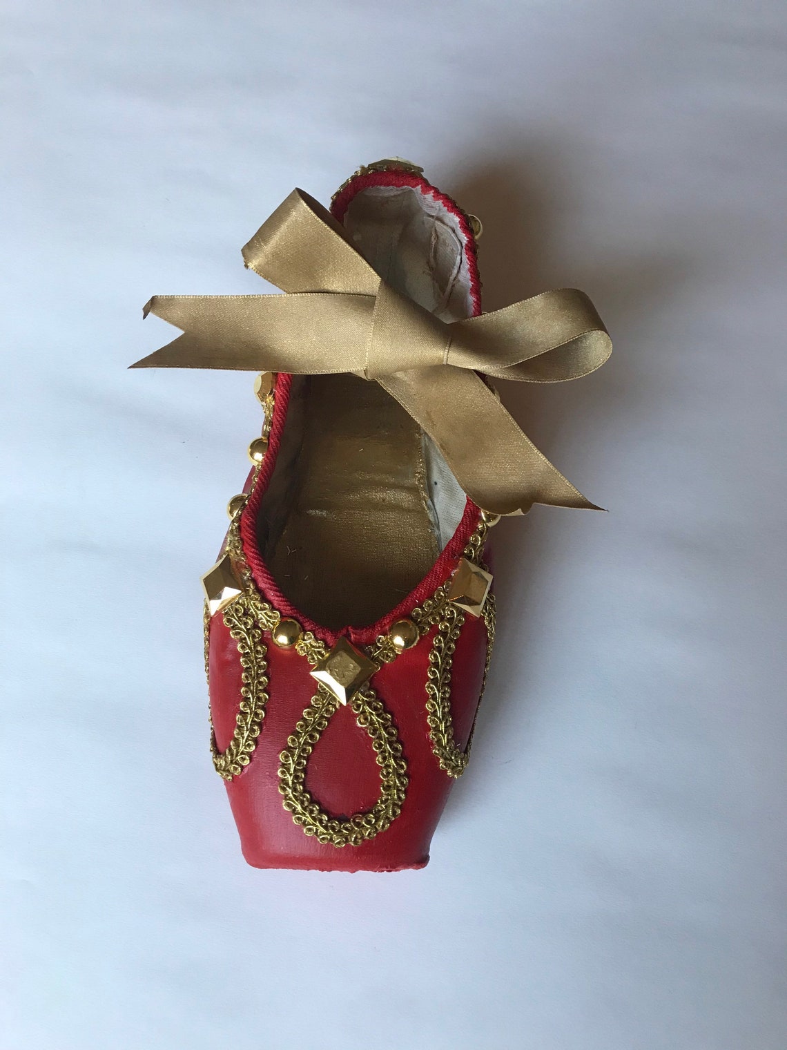 Red and gold decorated pointe shoe Etsy
