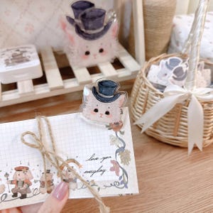 Carpeta acrílica con forma de gato, clip transparente, kawaii, diario, papel, marcapáginas, papelería, oficina, escuela, dibujo a mano, álbum de recortes, cuaderno, planificador