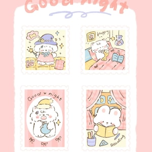 May include: Four illustrated stamps featuring a white dog in different activities. The first stamp shows the dog dressed as a witch with a wand. The second stamp shows the dog in bed with a fish. The third stamp shows the dog holding a stuffed animal. The fourth stamp shows the dog reading a book. The stamps are all pink and white with a checkered pattern.