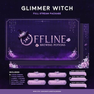 Glimmer Witch Stream-paket | Lila blommigt Twitch-overlaykit (direkt nedladdning)