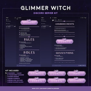 以下が含まれることがあります： Glimmer Witch Discordサーバーキット。Welcome、Rules、Roles、Announcements、Events、Suggestionsなどのテキストが入った紫色の花柄バナー。キットには28個のバナー、5種類の仕切りデザイン、9個のデザイン要素、サーバーアイコンが含まれています。