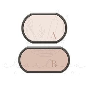 以下が含まれることがあります： 黒枠で囲まれたピンク色の楕円形のラベルが2つあります。 上のラベルには、麺棒、泡立て器、葉が描かれています。 下のラベルには、模様が描かれたボウルがあります。 上のラベルの中央には「A」の文字があります。 下のラベルの中央には「B」の文字があります。