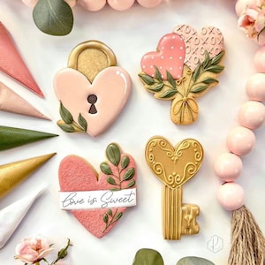 May include: Four decorated heart-shaped cookies with a gold key, a lock, a bouquet of balloons, and a heart with the text "Love is Sweet".